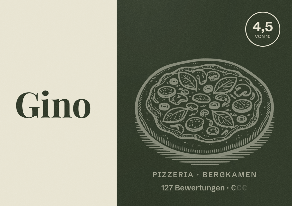 Illustriertes Poster von Gino, Pizzeria in Bergkamen: Bewertung 4,5 von 10 aus 127 Bewertungen, Preisniveau €