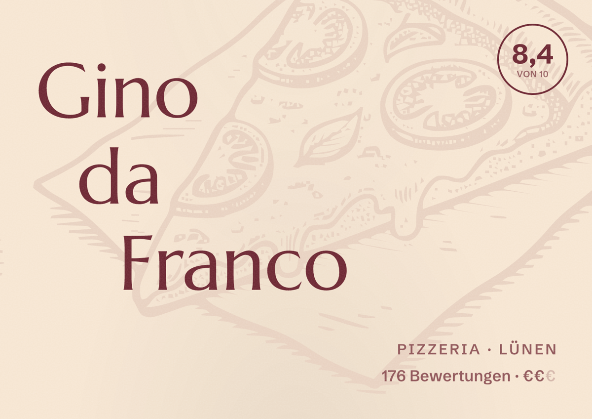 Illustriertes Poster von Gino da Franco, Pizzeria in Lünen: Bewertung 8,4 von 10 aus 176 Bewertungen, Preisniveau €€