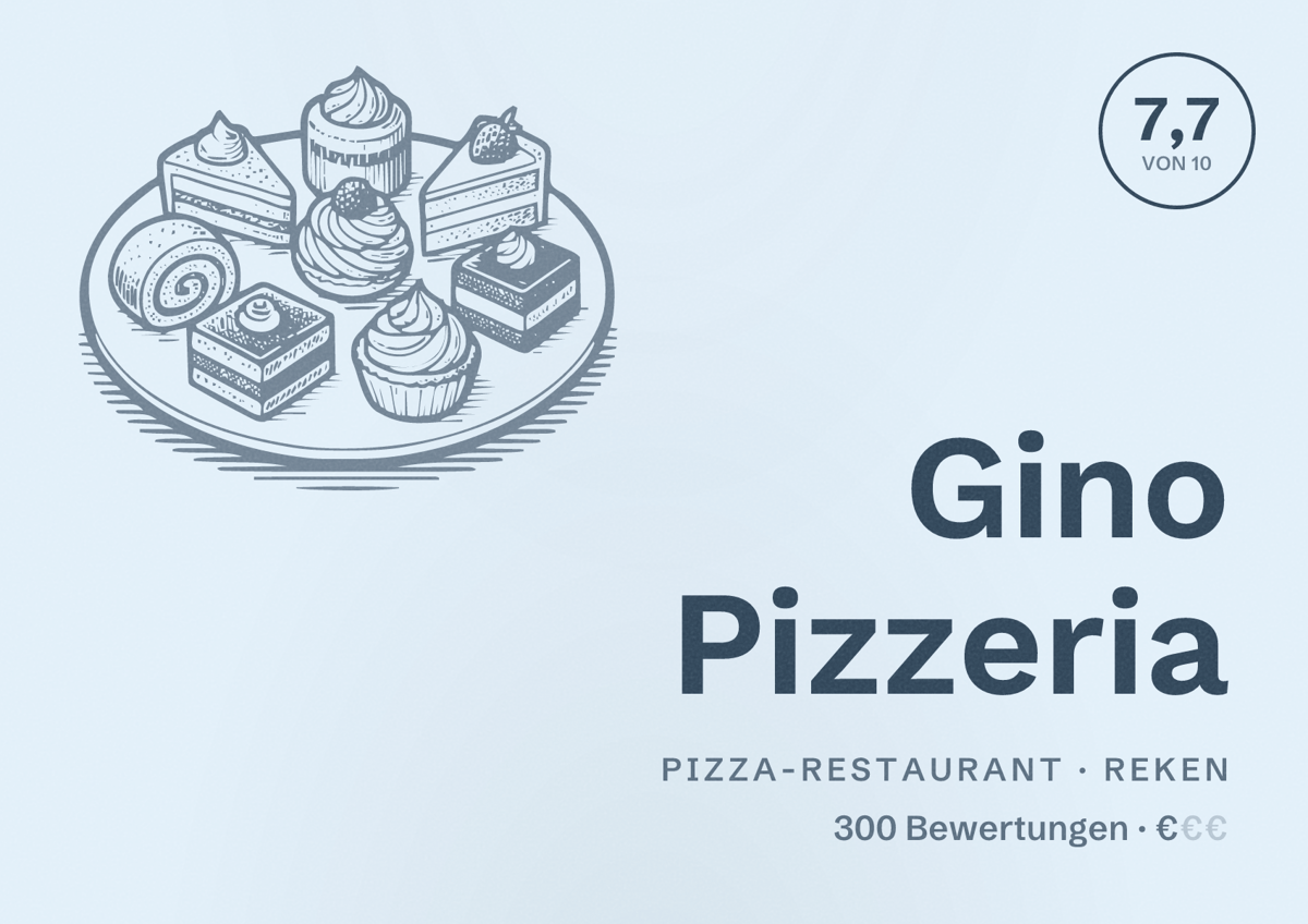 Illustriertes Poster von Gino Pizzeria, Pizza-Restaurant in Reken: Bewertung 7,7 von 10 aus 300 Bewertungen, Preisniveau €