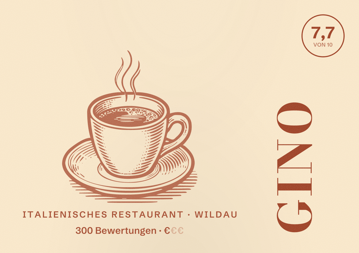 Illustriertes Poster von Gino, Italienisches Restaurant in Wildau: Bewertung 7,7 von 10 aus 300 Bewertungen, Preisniveau €