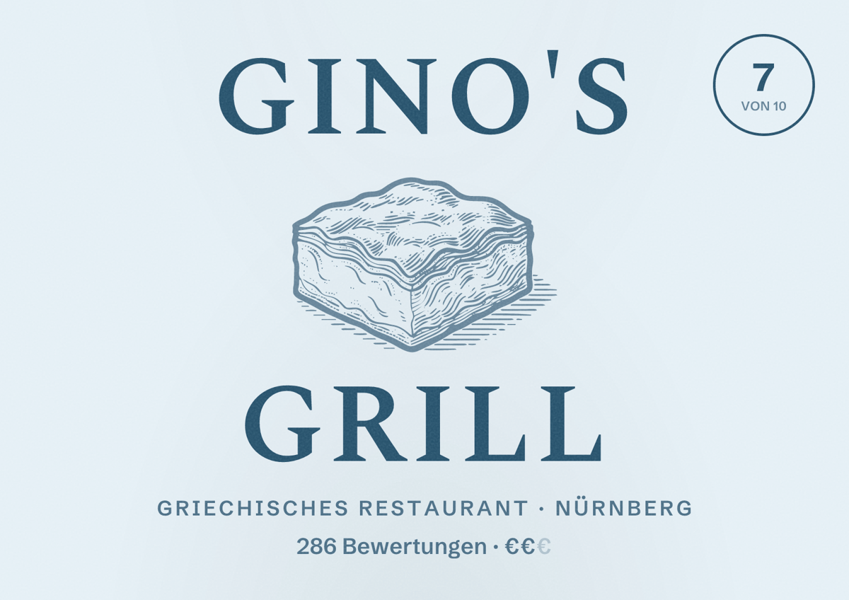 Illustriertes Poster von Gino's Grill, Griechisches Restaurant in Nürnberg: Bewertung 7,0 von 10 aus 286 Bewertungen, Preisniveau €€