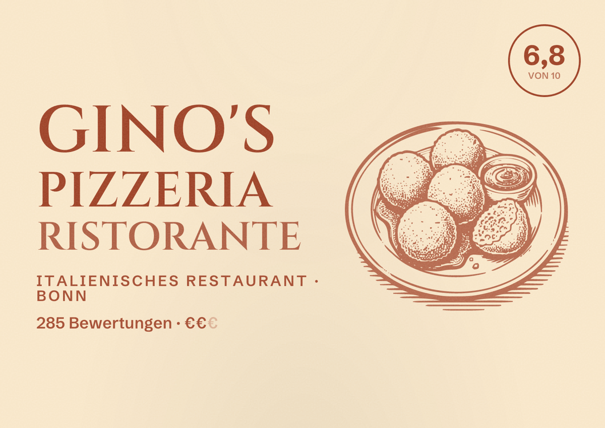Illustriertes Poster von Gino's Pizzeria Ristorante, Italienisches Restaurant in Bonn: Bewertung 6,8 von 10 aus 285 Bewertungen, Preisniveau €€
