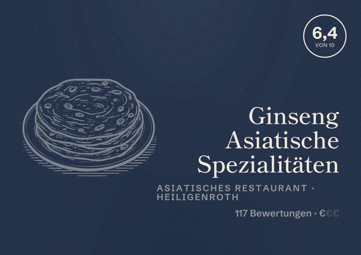 Illustriertes Poster von Ginseng Asiatische Spezialitäten, Asiatisches Restaurant in Heiligenroth: Bewertung 6,4 von 10 aus 117 Bewertungen, Preisniveau €