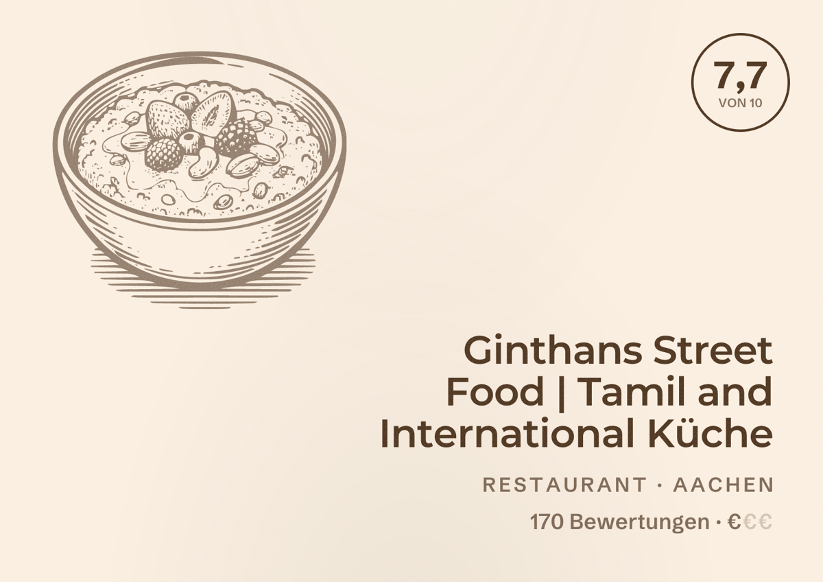 Illustriertes Poster von Ginthans Street Food | Tamil and International Küche, Restaurant in Aachen: Bewertung 7,7 von 10 aus 170 Bewertungen, Preisniveau €