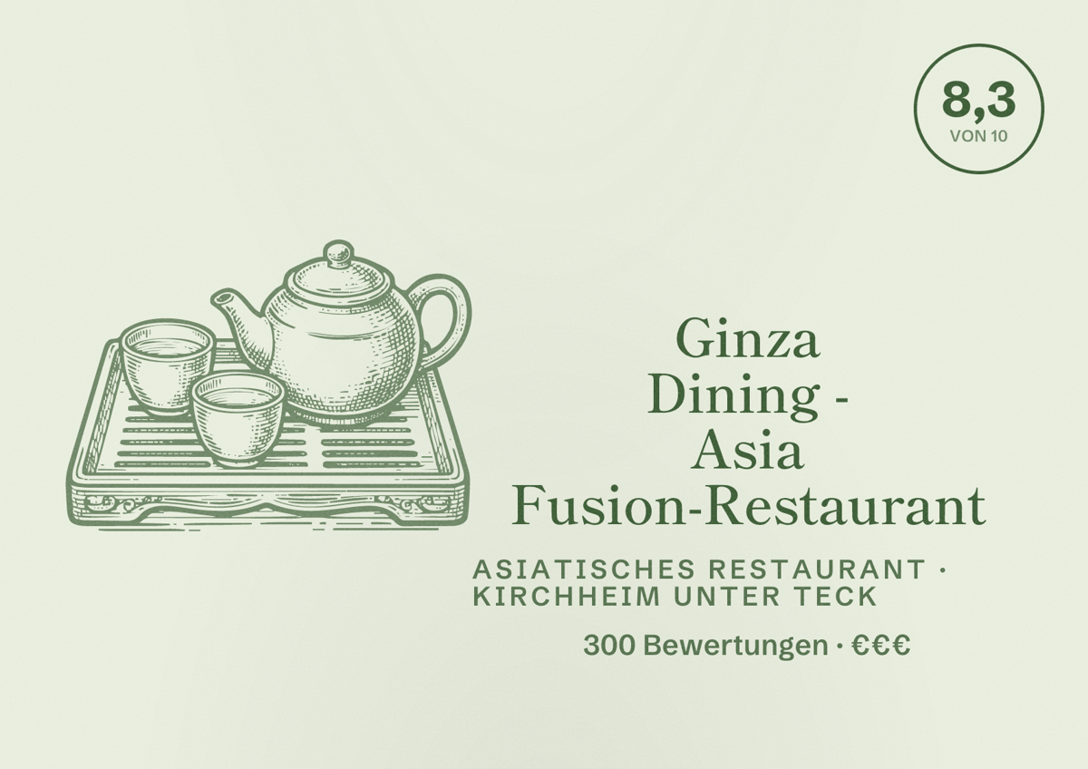 Illustriertes Poster von Ginza Dining - Asia Fusion-Restaurant, Asiatisches Restaurant in Kirchheim unter Teck: Bewertung 8,3 von 10 aus 300 Bewertungen, Preisniveau €€€