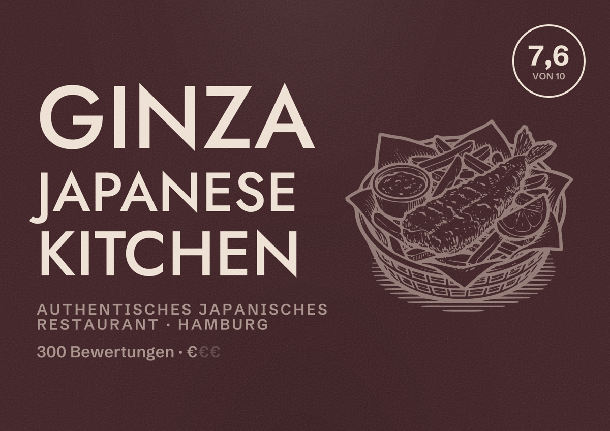 Illustriertes Poster von Ginza Japanese Kitchen, Authentisches japanisches Restaurant in Hamburg: Bewertung 7,6 von 10 aus 300 Bewertungen, Preisniveau €