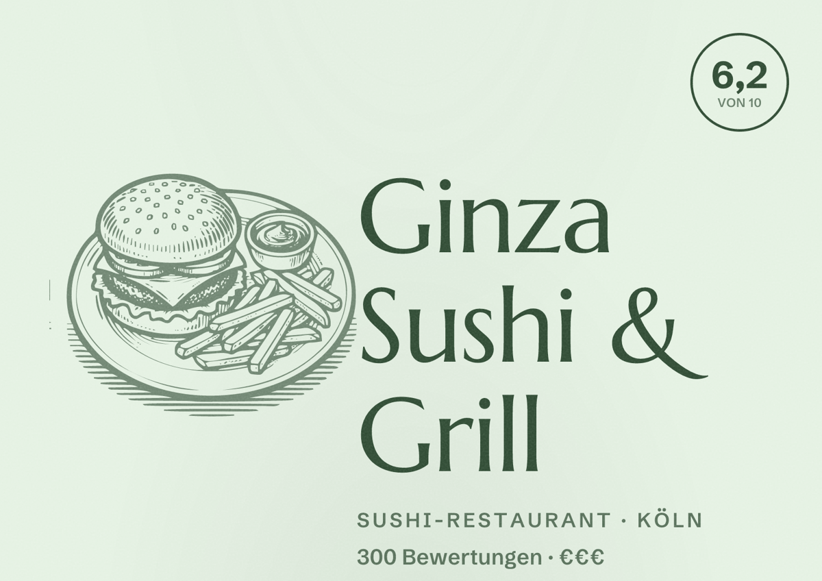 Illustriertes Poster von Ginza Sushi & Grill, Sushi-Restaurant in Köln: Bewertung 6,2 von 10 aus 300 Bewertungen, Preisniveau €€€
