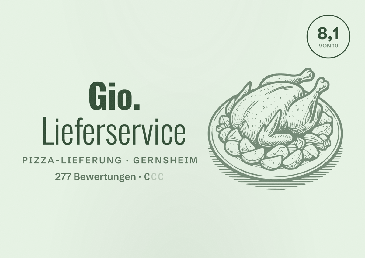 Illustriertes Poster von Gio. Lieferservice, Pizza-Lieferung in Gernsheim: Bewertung 8,1 von 10 aus 277 Bewertungen, Preisniveau €