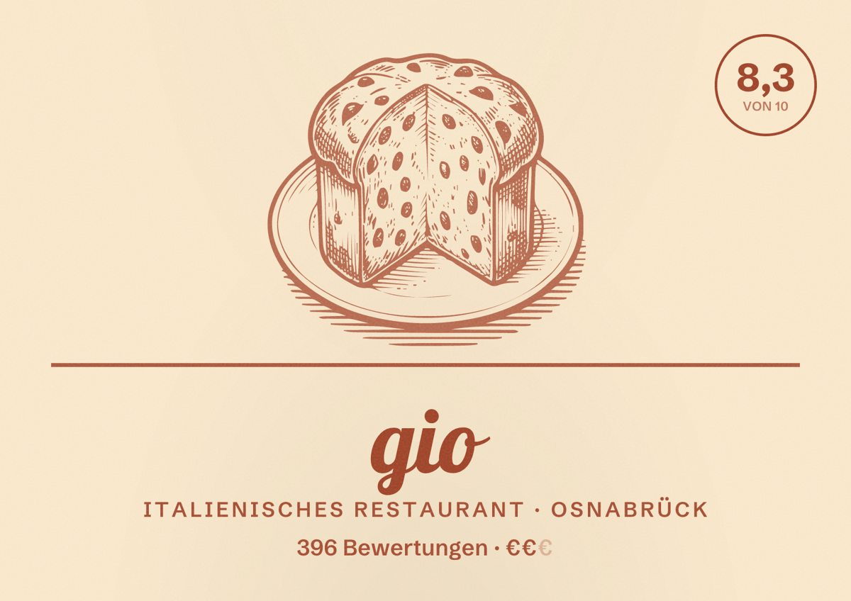 Illustriertes Poster von gio, Italienisches Restaurant in Osnabrück: Bewertung 8,3 von 10 aus 396 Bewertungen, Preisniveau €€