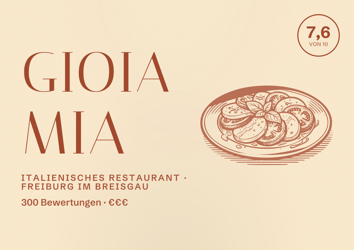 Illustriertes Poster von Gioia Mia, Italienisches Restaurant in Freiburg im Breisgau: Bewertung 7,6 von 10 aus 300 Bewertungen, Preisniveau €€€