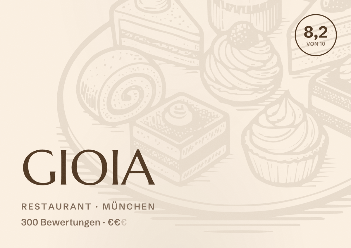 Illustriertes Poster von GIOIA, Restaurant in München: Bewertung 8,2 von 10 aus 300 Bewertungen, Preisniveau €€
