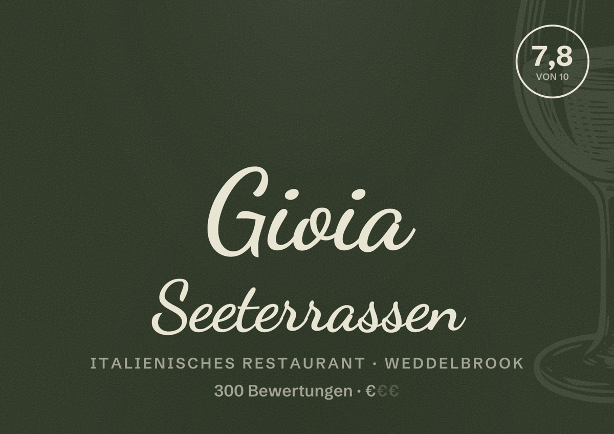 Illustriertes Poster von Gioia Seeterrassen, Italienisches Restaurant in Weddelbrook: Bewertung 7,8 von 10 aus 300 Bewertungen, Preisniveau €