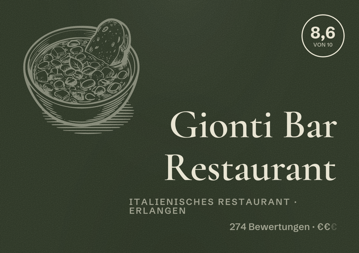 Illustriertes Poster von Gionti Bar Restaurant, Italienisches Restaurant in Erlangen: Bewertung 8,6 von 10 aus 274 Bewertungen, Preisniveau €€