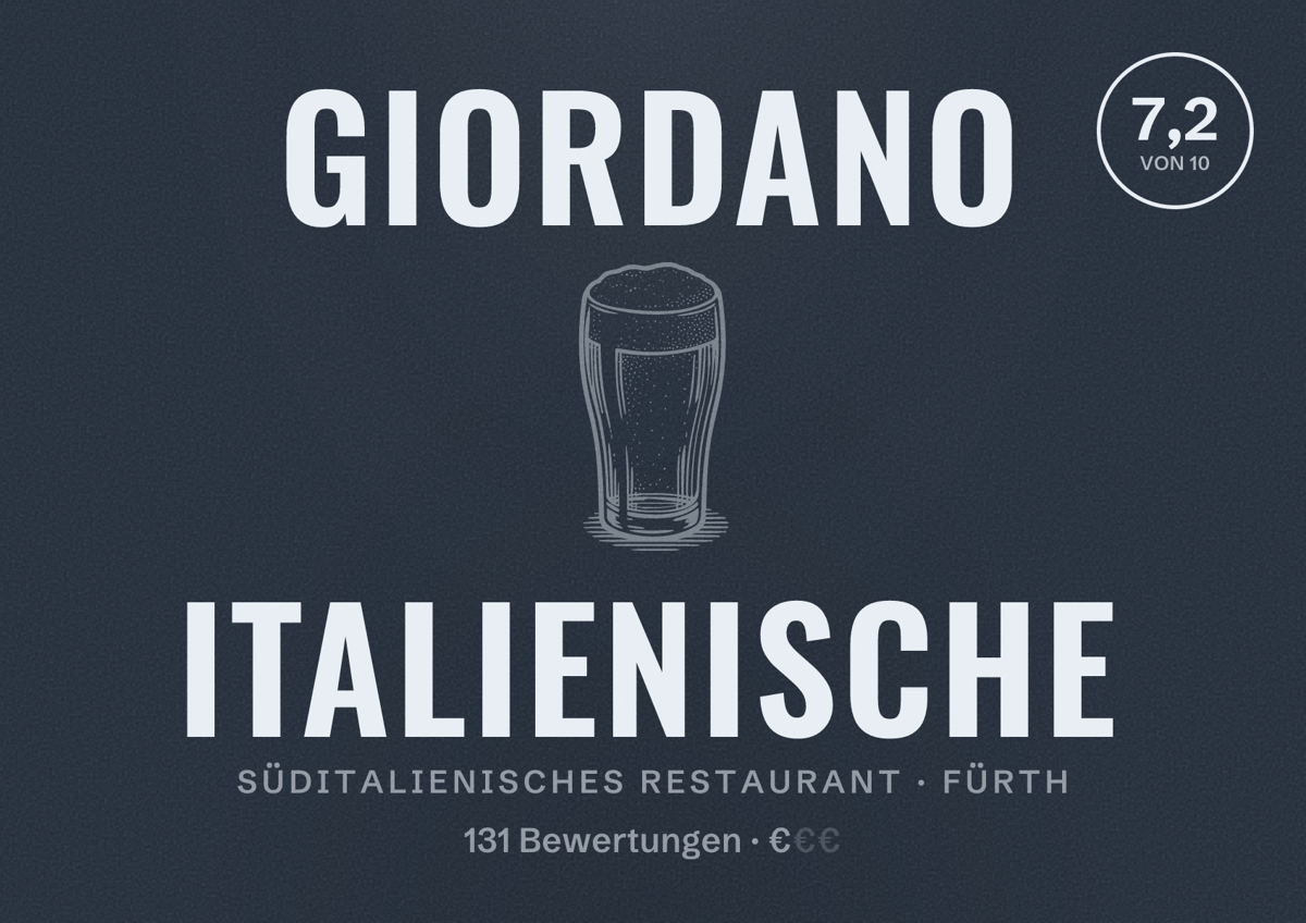 Illustriertes Poster von Giordano Italienische, Süditalienisches Restaurant in Fürth: Bewertung 7,2 von 10 aus 131 Bewertungen, Preisniveau €
