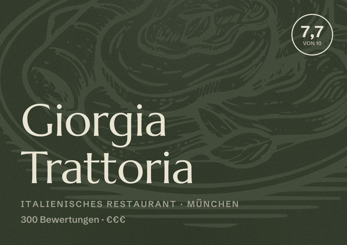 Illustriertes Poster von Giorgia Trattoria, Italienisches Restaurant in München: Bewertung 7,7 von 10 aus 300 Bewertungen, Preisniveau €€€