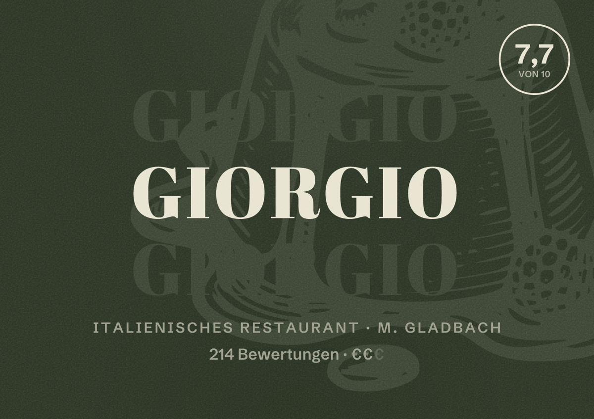 Illustriertes Poster von Giorgio, Italienisches Restaurant in M. Gladbach: Bewertung 7,7 von 10 aus 214 Bewertungen, Preisniveau €€