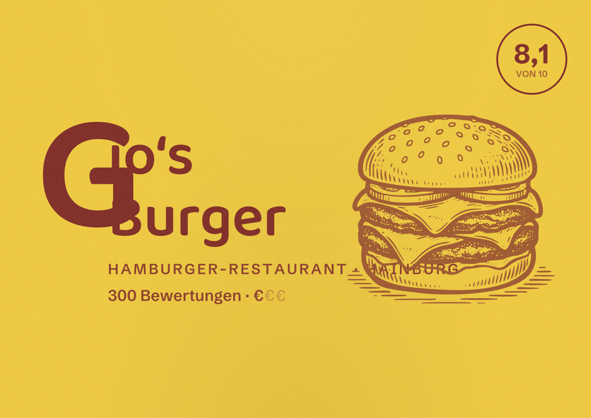 Illustriertes Poster von Gio‘s Burger, Hamburger-Restaurant in Hainburg: Bewertung 8,1 von 10 aus 300 Bewertungen, Preisniveau €