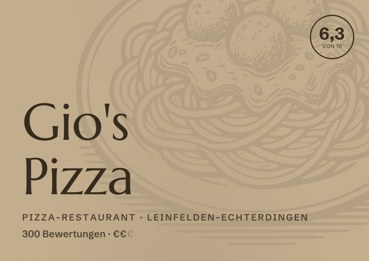 Illustriertes Poster von Gio's Pizza, Pizza-Restaurant in Leinfelden-Echterdingen: Bewertung 6,3 von 10 aus 300 Bewertungen, Preisniveau €€