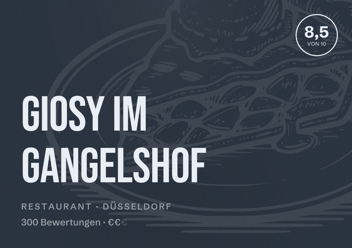 Illustriertes Poster von Giosy im Gangelshof, Restaurant in Düsseldorf: Bewertung 8,5 von 10 aus 300 Bewertungen, Preisniveau €€