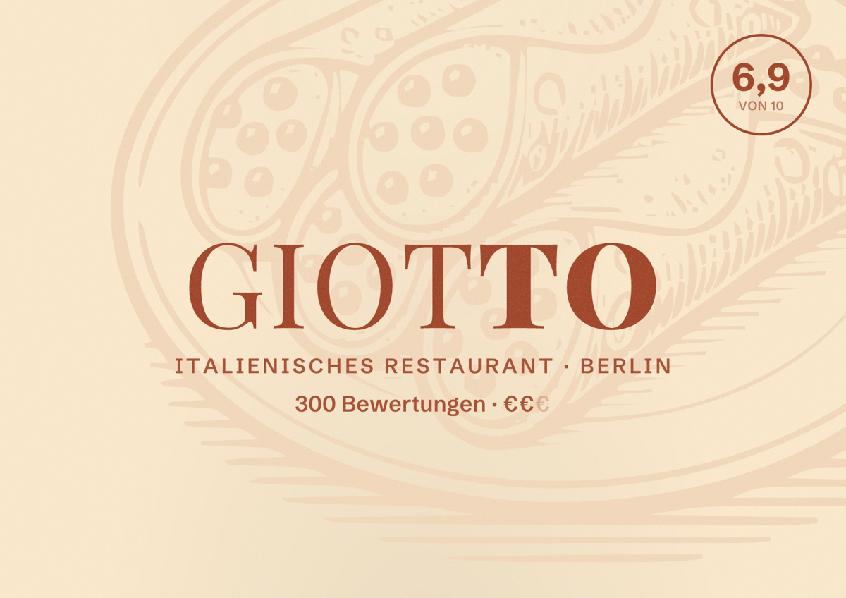 Illustriertes Poster von Giotto, Italienisches Restaurant in Berlin: Bewertung 6,9 von 10 aus 300 Bewertungen, Preisniveau €€