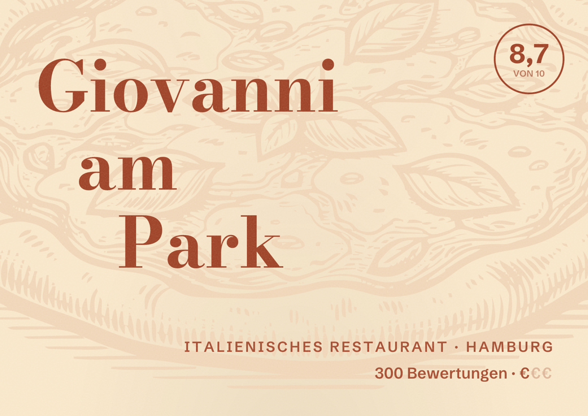 Illustriertes Poster von Giovanni am Park, Italienisches Restaurant in Hamburg: Bewertung 8,7 von 10 aus 300 Bewertungen, Preisniveau €