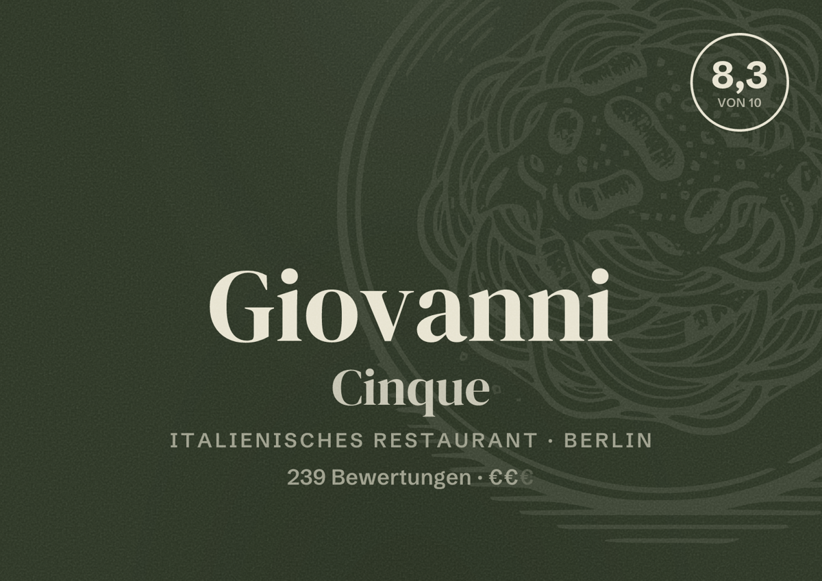 Illustriertes Poster von Giovanni Cinque, Italienisches Restaurant in Berlin: Bewertung 8,3 von 10 aus 239 Bewertungen, Preisniveau €€