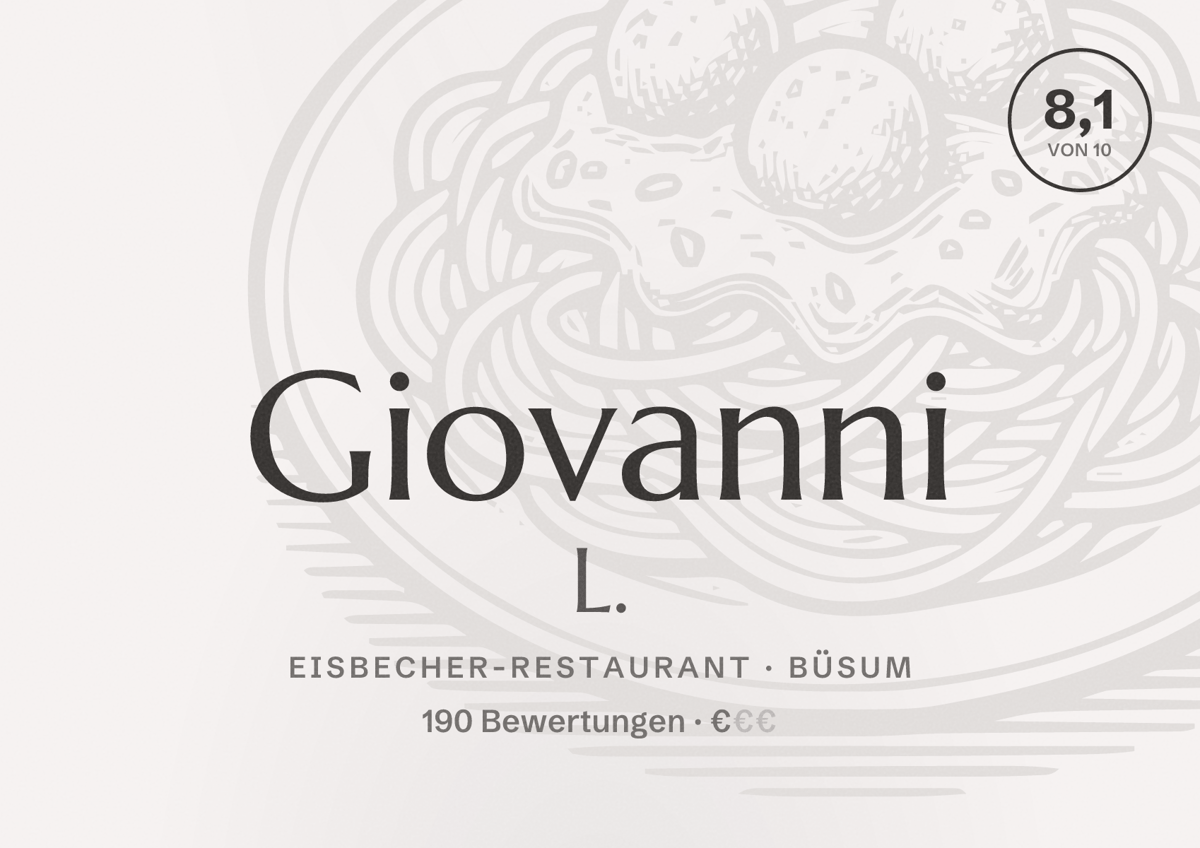 Illustriertes Poster von Giovanni L., Eisbecher-Restaurant in Büsum: Bewertung 8,1 von 10 aus 190 Bewertungen, Preisniveau €