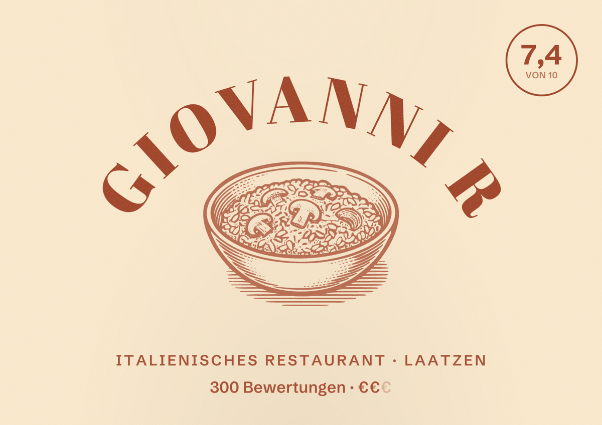 Illustriertes Poster von Giovanni R, Italienisches Restaurant in Laatzen: Bewertung 7,4 von 10 aus 300 Bewertungen, Preisniveau €€