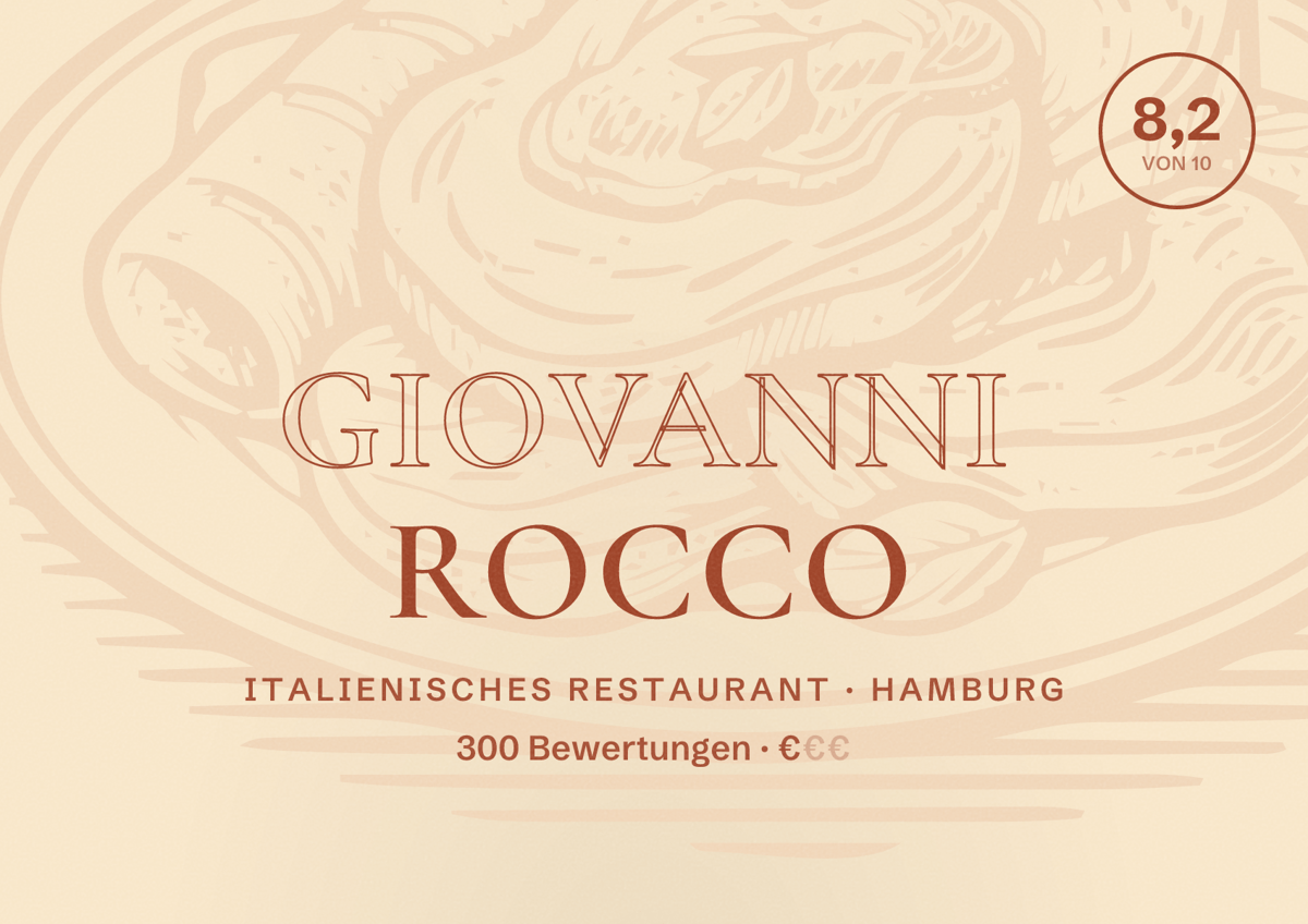Illustriertes Poster von Giovanni Rocco, Italienisches Restaurant in Hamburg: Bewertung 8,2 von 10 aus 300 Bewertungen, Preisniveau €
