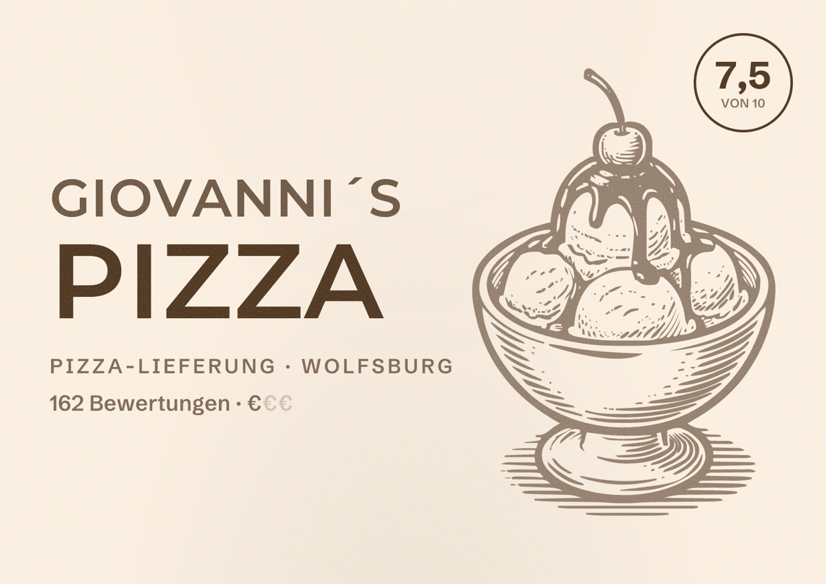Illustriertes Poster von Giovanni´s Pizza, Pizza-Lieferung in Wolfsburg: Bewertung 7,5 von 10 aus 162 Bewertungen, Preisniveau €
