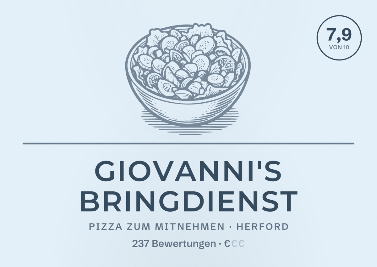 Illustriertes Poster von Giovanni's Bringdienst, Pizza zum Mitnehmen in Herford: Bewertung 7,9 von 10 aus 237 Bewertungen, Preisniveau €