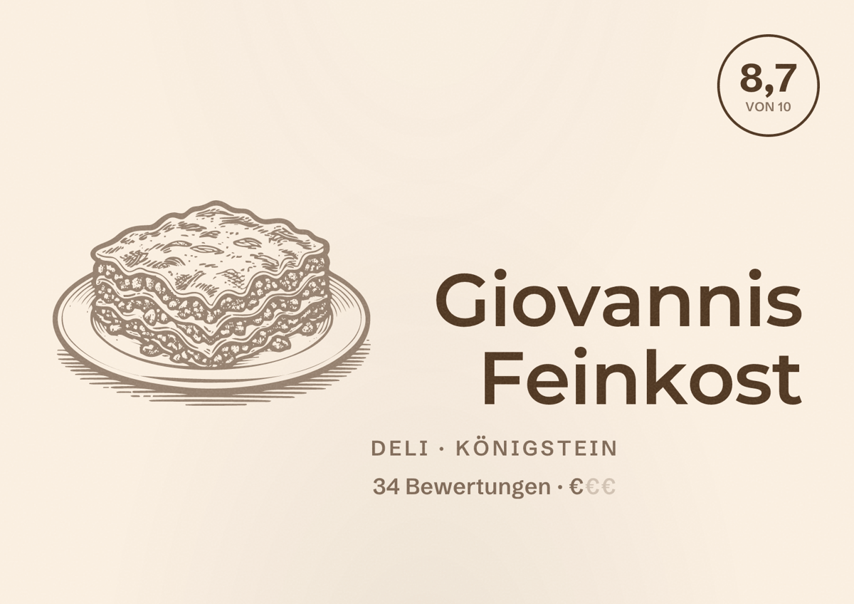 Illustriertes Poster von Giovannis Feinkost, Deli in Königstein: Bewertung 8,7 von 10 aus 34 Bewertungen, Preisniveau €