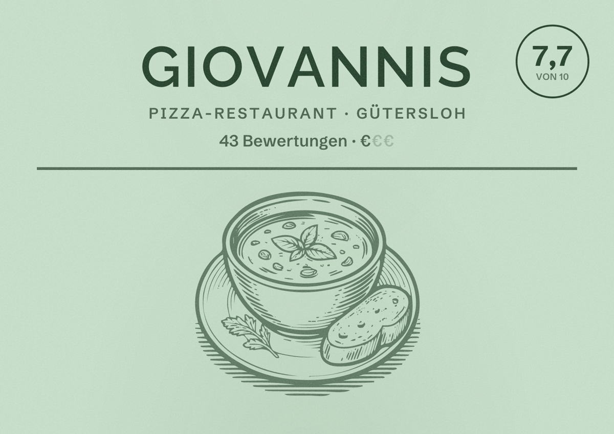 Illustriertes Poster von Giovannis, Pizza-Restaurant in Gütersloh: Bewertung 7,7 von 10 aus 43 Bewertungen, Preisniveau €