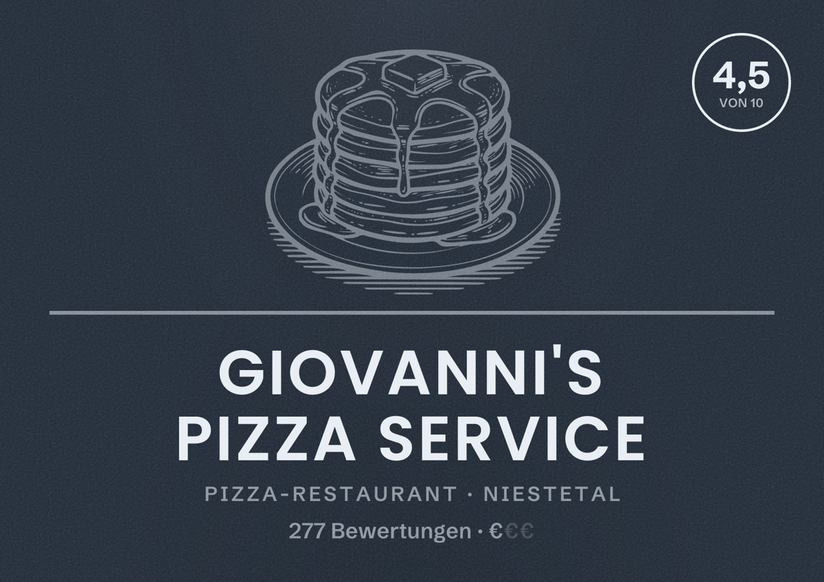 Illustriertes Poster von Giovanni's Pizza Service, Pizza-Restaurant in Niestetal: Bewertung 4,5 von 10 aus 277 Bewertungen, Preisniveau €