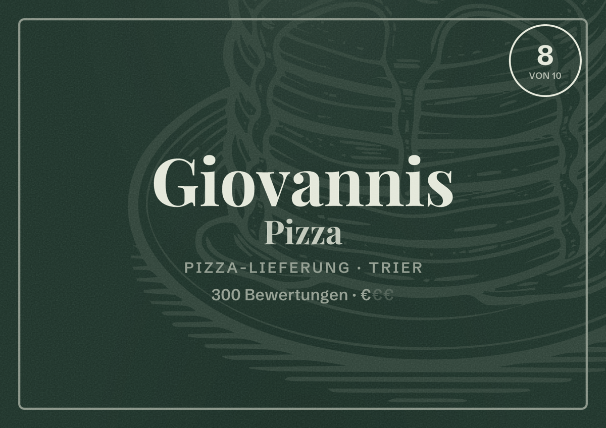 Illustriertes Poster von Giovannis Pizza, Pizza-Lieferung in Trier: Bewertung 8 von 10 aus 300 Bewertungen, Preisniveau €