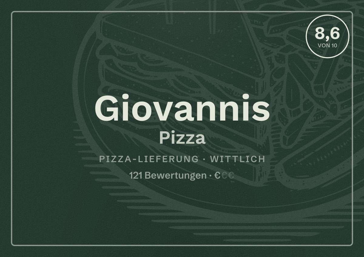 Illustriertes Poster von Giovannis Pizza, Pizza-Lieferung in Wittlich: Bewertung 8,6 von 10 aus 121 Bewertungen, Preisniveau €