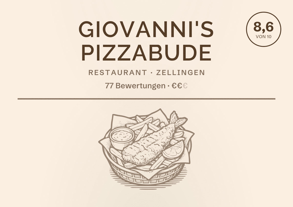 Illustriertes Poster von Giovanni's Pizzabude, Restaurant in Zellingen: Bewertung 8,6 von 10 aus 77 Bewertungen, Preisniveau €€