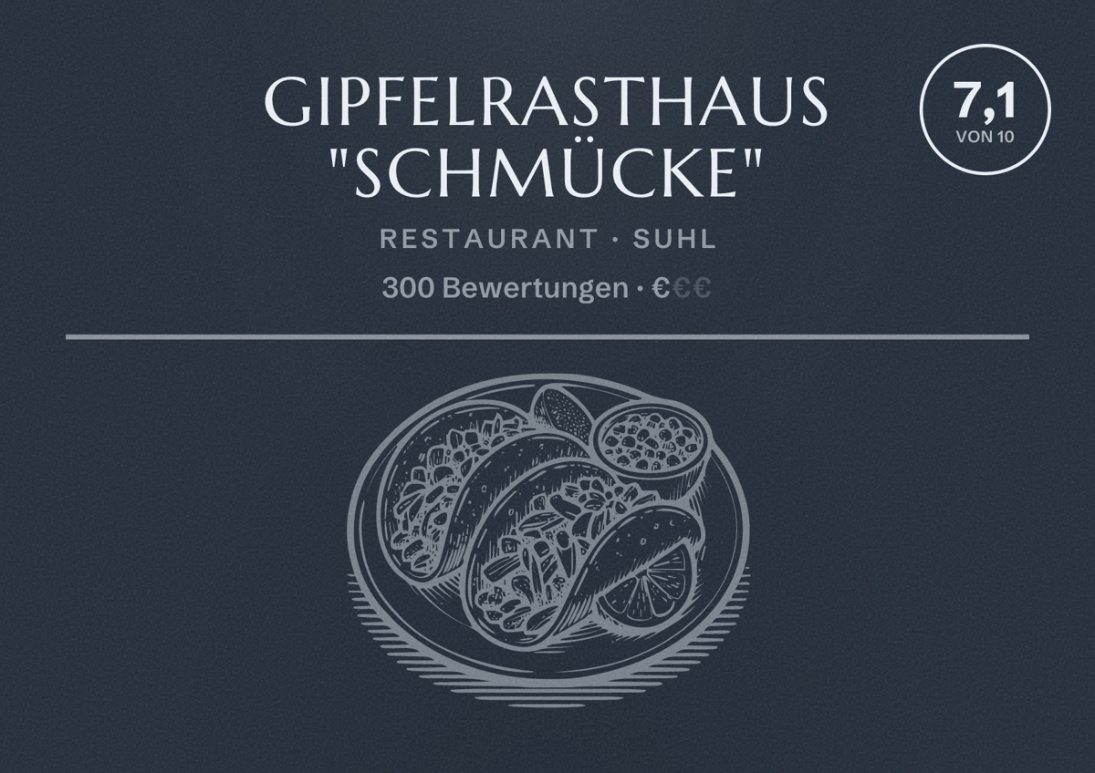 Illustriertes Poster von Gipfelrasthaus "Schmücke", Restaurant in Suhl: Bewertung 7,1 von 10 aus 300 Bewertungen, Preisniveau €