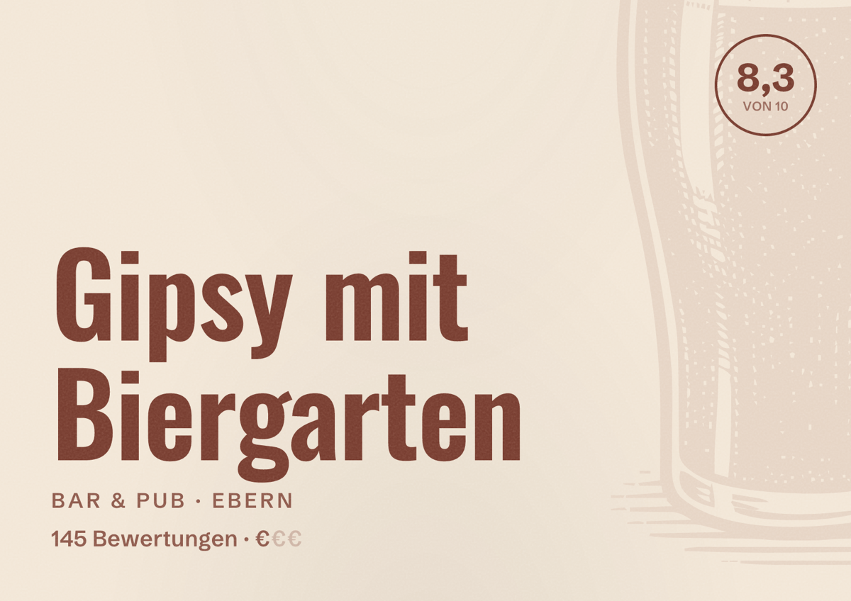 Illustriertes Poster von Gipsy mit Biergarten, Bar & Pub in Ebern: Bewertung 8,3 von 10 aus 145 Bewertungen, Preisniveau €