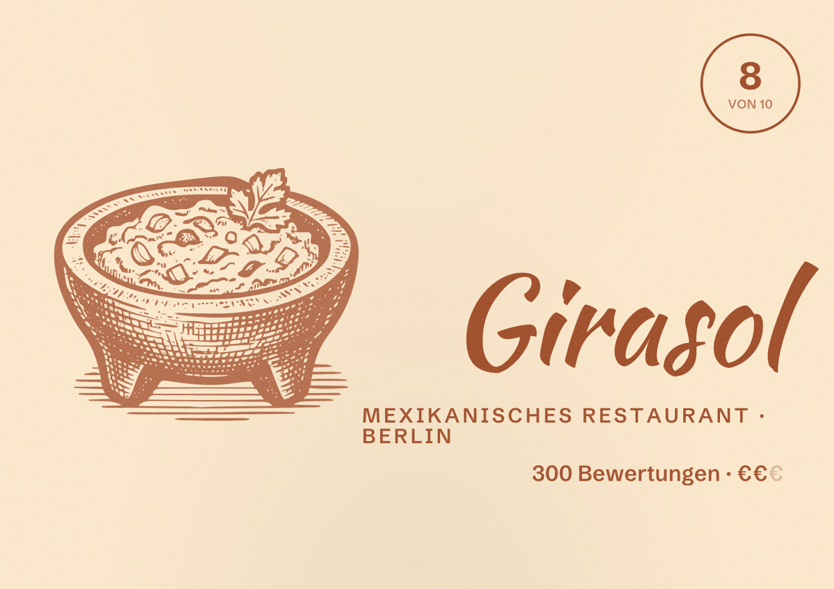 Illustriertes Poster von Girasol, Mexikanisches Restaurant in Berlin: Bewertung 8,0 von 10 aus 300 Bewertungen, Preisniveau €€