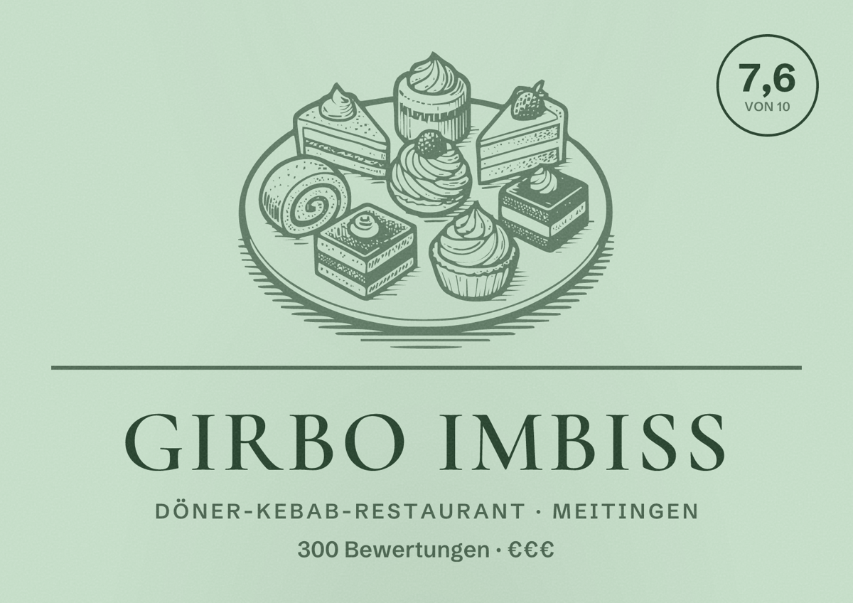 Illustriertes Poster von Girbo Imbiss, Döner-Kebab-Restaurant in Meitingen: Bewertung 7,6 von 10 aus 300 Bewertungen, Preisniveau €€€