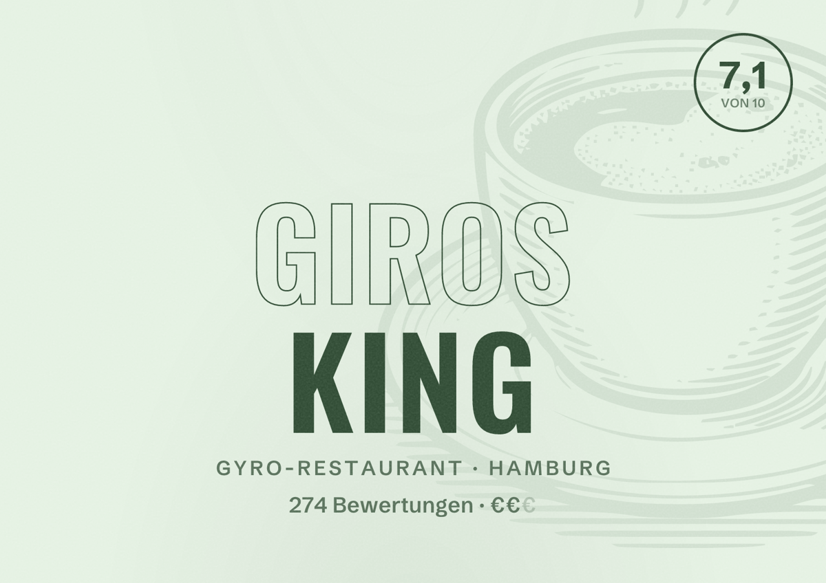 Illustriertes Poster von Giros King, Gyro-Restaurant in Hamburg: Bewertung 7,1 von 10 aus 274 Bewertungen, Preisniveau €€