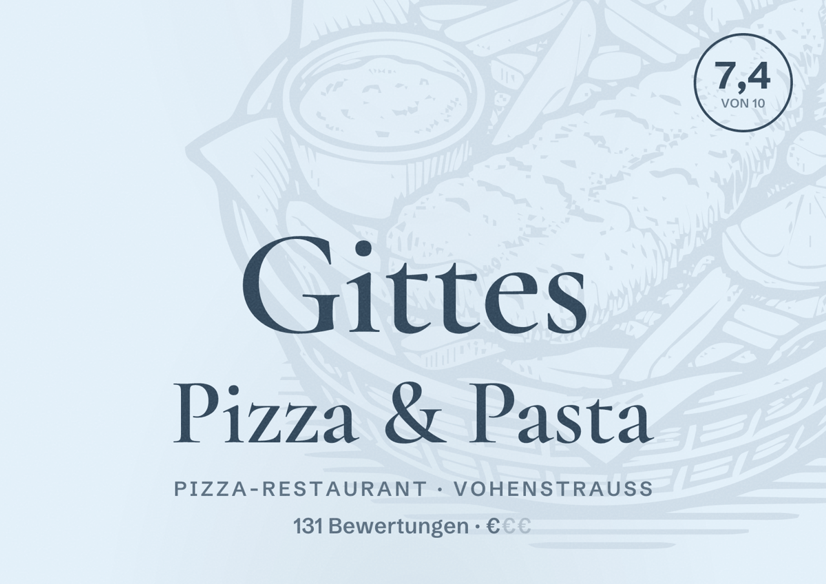 Illustriertes Poster von Gittes Pizza & Pasta, Pizza-Restaurant in Vohenstrauß: Bewertung 7,4 von 10 aus 131 Bewertungen, Preisniveau €