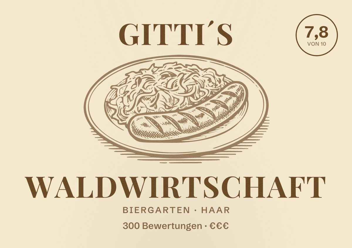 Illustriertes Poster von Gitti´s WALDWIRTSCHAFT, Biergarten in Haar: Bewertung 7,8 von 10 aus 300 Bewertungen, Preisniveau €€€