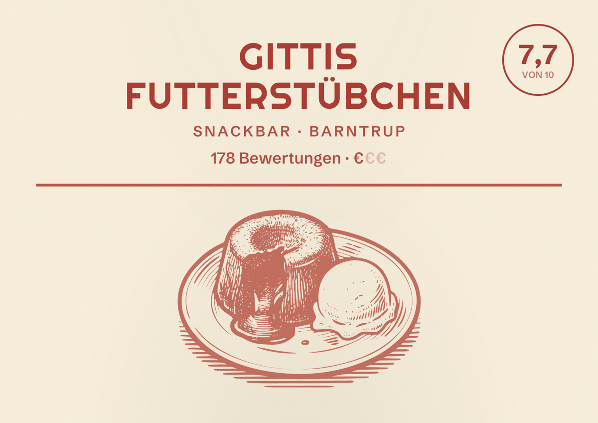 Illustriertes Poster von Gittis Futterstübchen, Snackbar in Barntrup: Bewertung 7,7 von 10 aus 178 Bewertungen, Preisniveau €