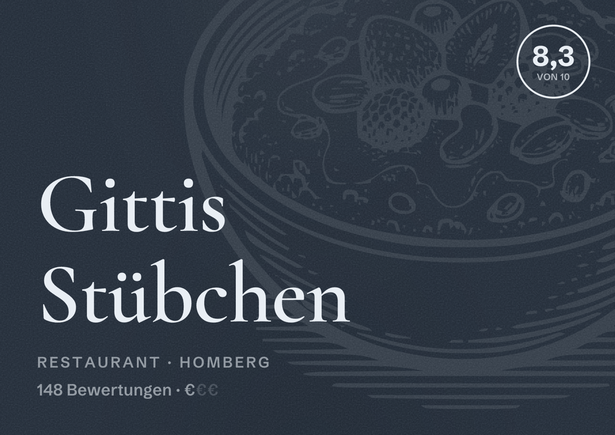 Illustriertes Poster von Gittis Stübchen, Restaurant in Homberg: Bewertung 8,3 von 10 aus 148 Bewertungen, Preisniveau €