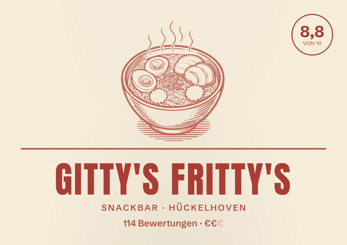 Illustriertes Poster von Gitty's Fritty's, Snackbar in Hückelhoven: Bewertung 8,8 von 10 aus 114 Bewertungen, Preisniveau €€