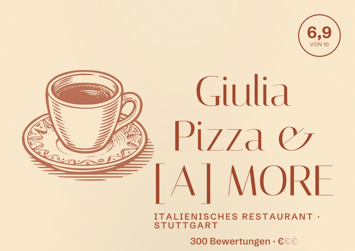 Illustriertes Poster von Giulia Pizza & [A] MORE, Italienisches Restaurant in Stuttgart: Bewertung 6,9 von 10 aus 300 Bewertungen, Preisniveau €