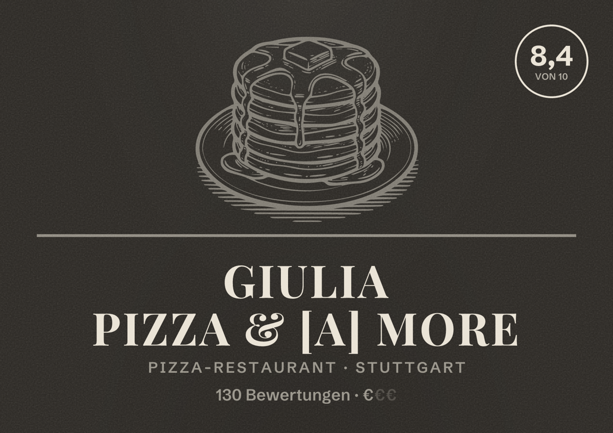 Illustriertes Poster von Giulia Pizza & [A] MORE, Pizza-Restaurant in Stuttgart: Bewertung 8,4 von 10 aus 130 Bewertungen, Preisniveau €