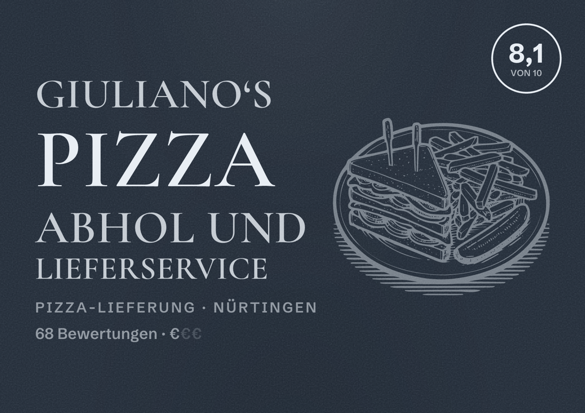 Illustriertes Poster von Giuliano‘s Pizza Abhol und Lieferservice, Pizza-Lieferung in Nürtingen: Bewertung 8,1 von 10 aus 68 Bewertungen, Preisniveau €